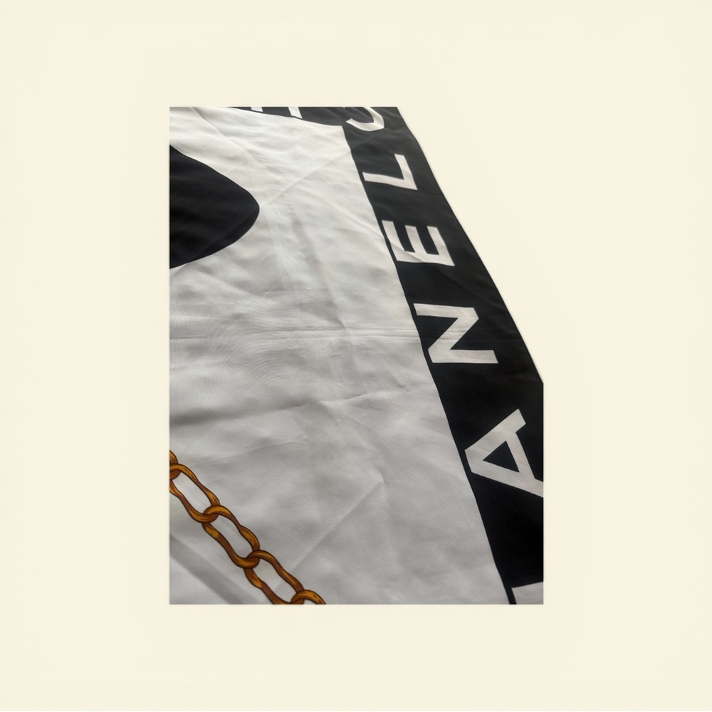 Vintage CHANEL Black, White and Gold Graphic Silk Scarf - Picture 5 of 11
